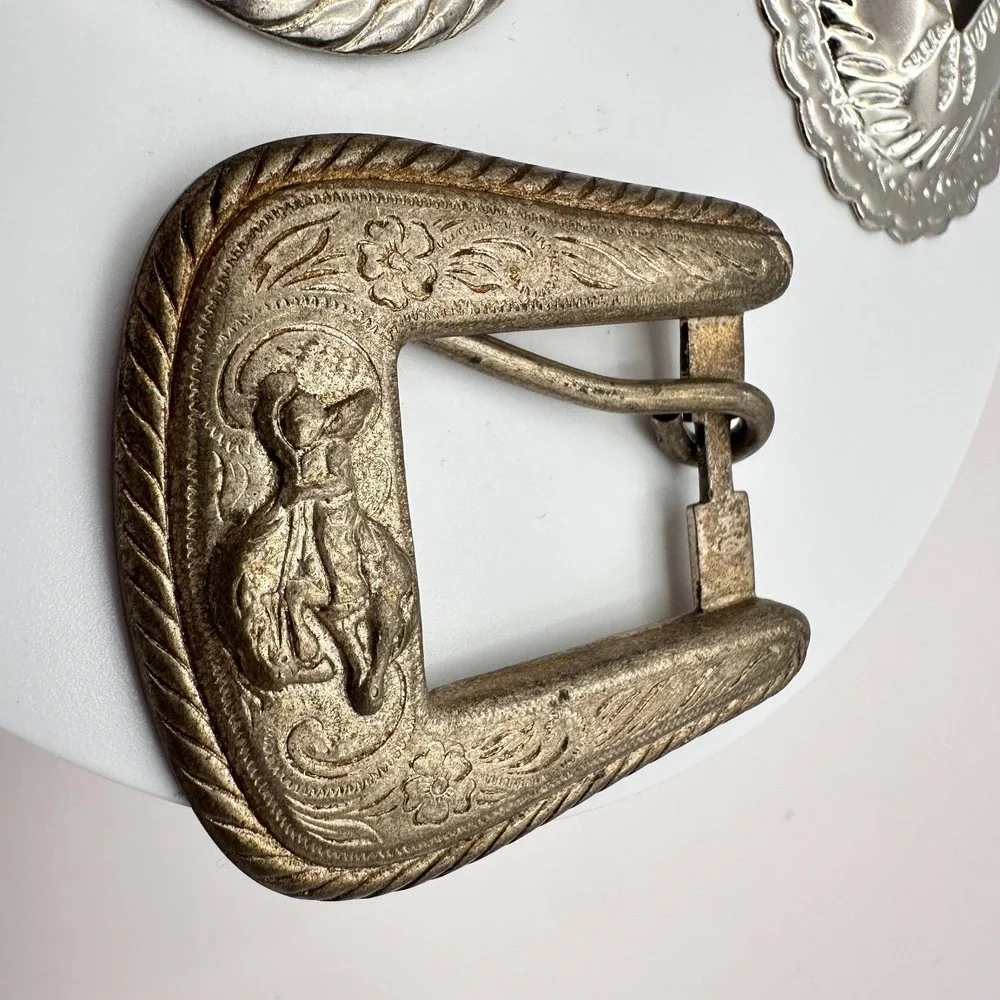Vintage 80s 90s Western Floral Engraved Slotted Concho Belt Buckles Set Y2K Boho